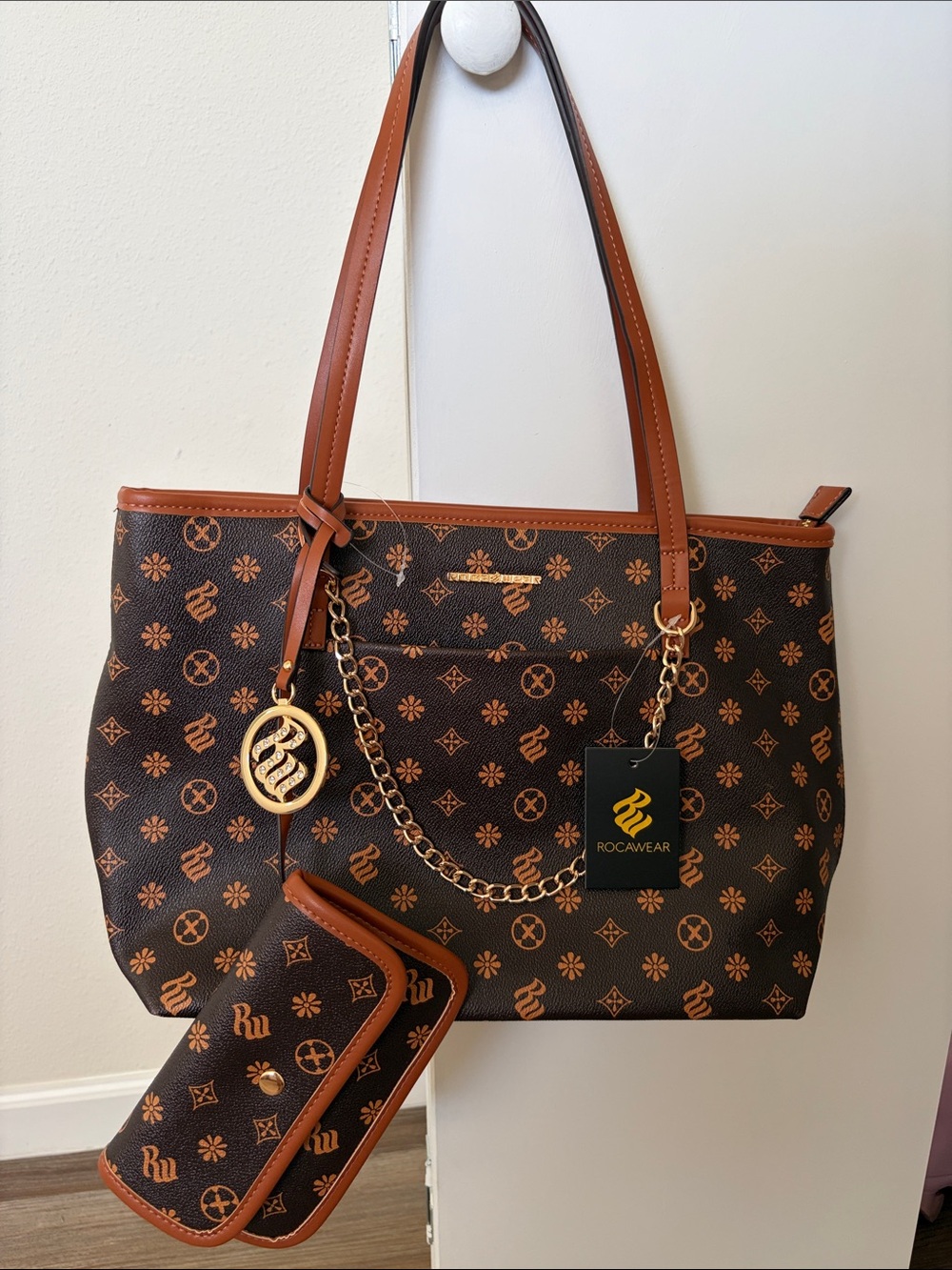 Rocawear Brown and Tan Monogram Tote with Wallet and Gold Chain Charm
